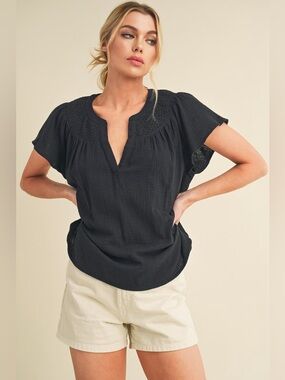 Aemi + Co Embroidered Trim Side Slit Notched Short Sleeve Blouse
